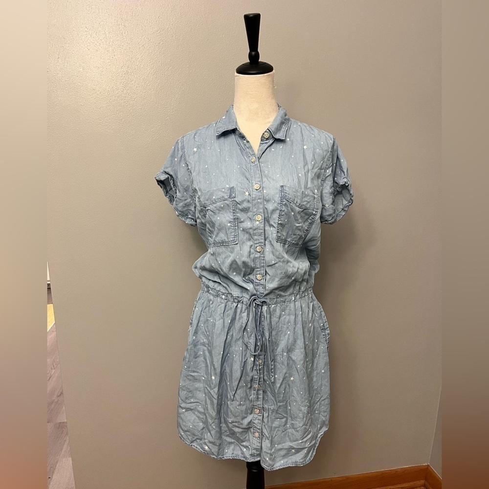 Thread + Supply Short Sleeve Button-down Tie Front Chambray Dress - Size Large